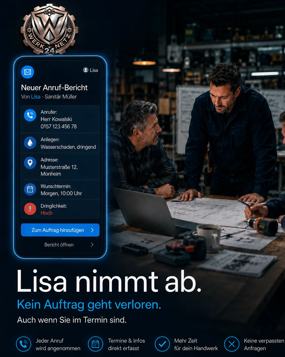 Handwerker in einer Besprechung, während Lisa einen Anruf entgegennimmt