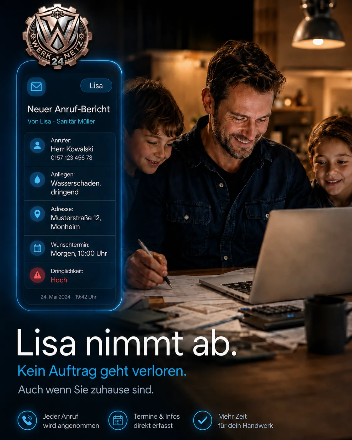 Handwerker zuhause mit Familie und Laptop, während Lisa Anrufe übernimmt